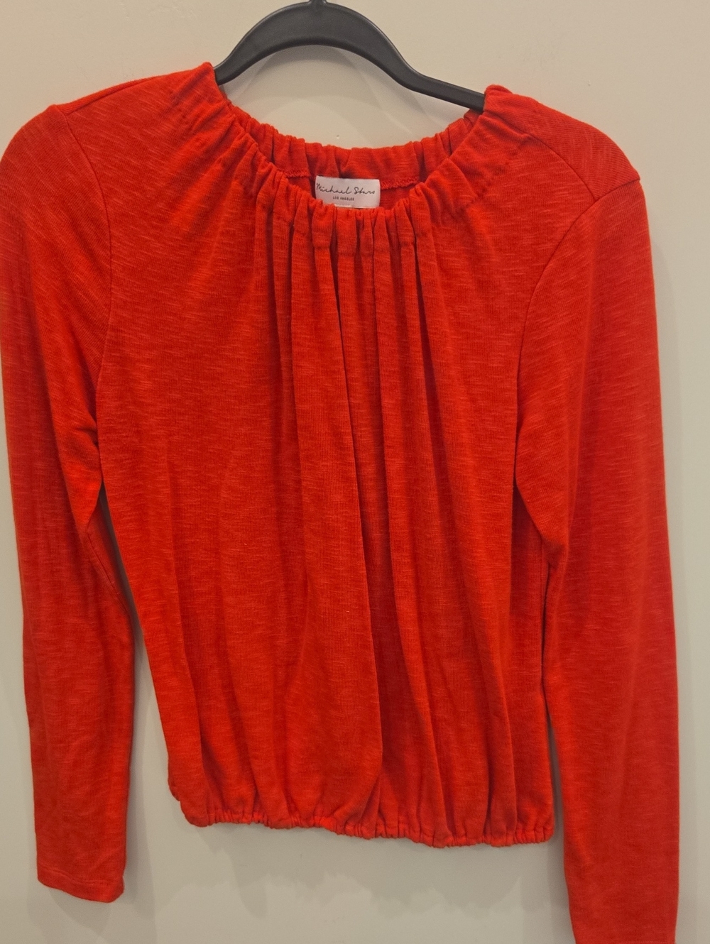 Like New Michael Stars Orange-Red Gathered Neck Long Sleeve Top. Size  Small.